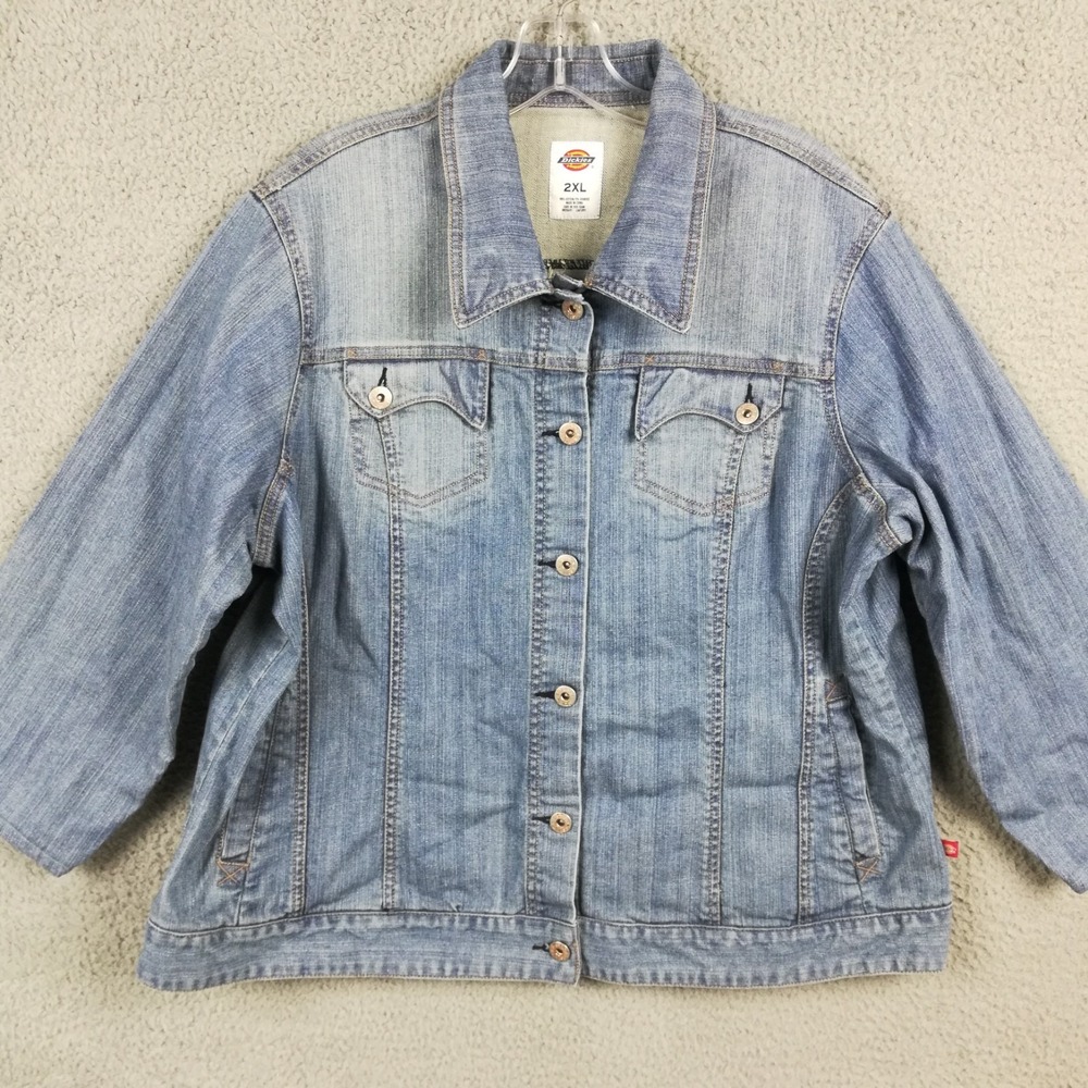 Dickies Womens Jacket Denim Blue Light Wash Cropped Sleeve Button Front 2XL
